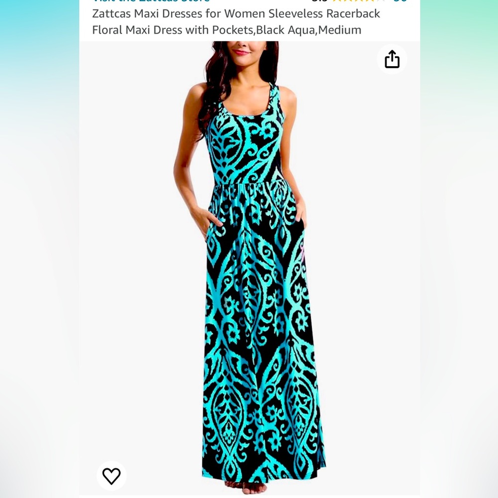 Long Black Aqua teal print Maxi dress. Go to summer comfy with pockets!